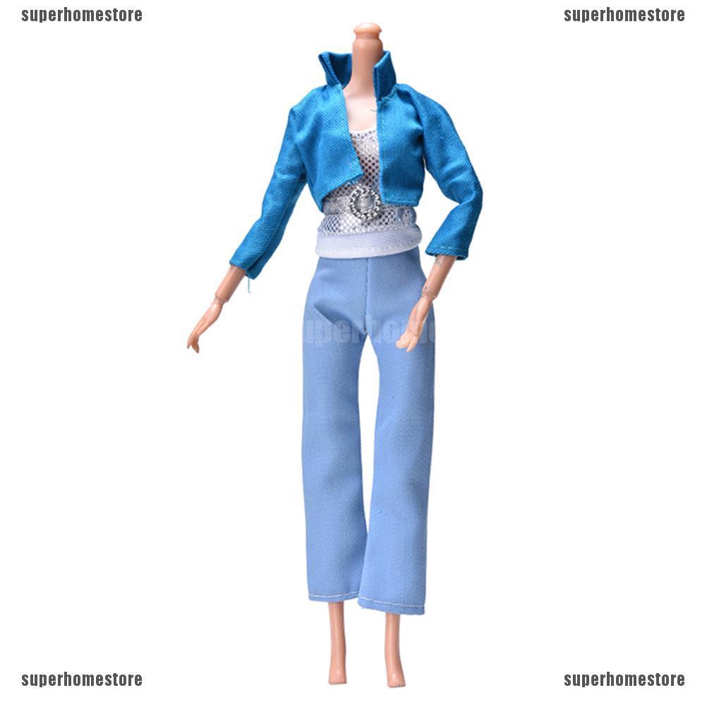 Set 3 Món Áo Khoác Màu Xanh Dương Nhạt + Quần Bạc Thời Trang Cho Búp Bê Barbie