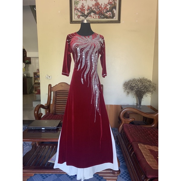 Áo dài nhung cao cấp tặng mẹ đính kết thủ công, áo dài trung niên