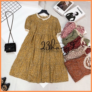 Váy hoa nhí đầm đi biển váy tay bồng cổ tròn tiểu thư vintage dự tiệc sang trọng chất voan cao cấp đi biển đi phố