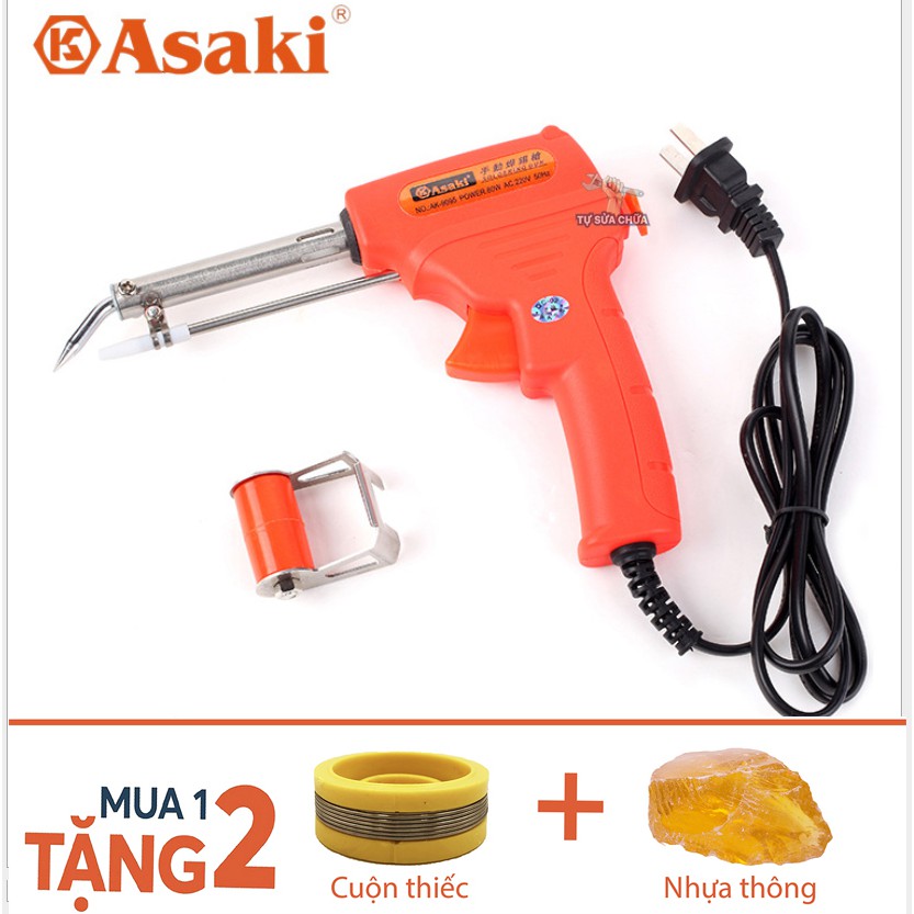 Mỏ hàn nhiệt điện tử tự động đẩy thiếc chính hãng Asaki AK-9095 60W loại xịn -  Tặng thiếc &amp; nhựa thông