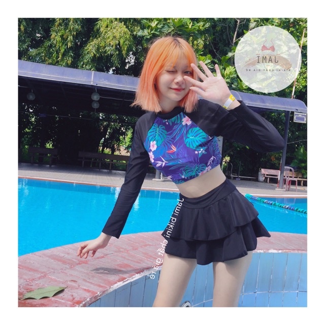 ĐỒ BƠI NỮ TAY DÀI KÍN ĐÁO PHỐI HOA XANH ĐỒ BƠI HỌC SINH quần đùi váy quần [CÓ SIZE] KÈM MÚT LÓT THUN LANH CAO CẤP  ATD28