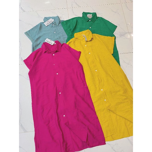 Váy sơ mi đũi trơn dáng dài bốn màu hồng, vàng, xanh lá, xanh ngọc