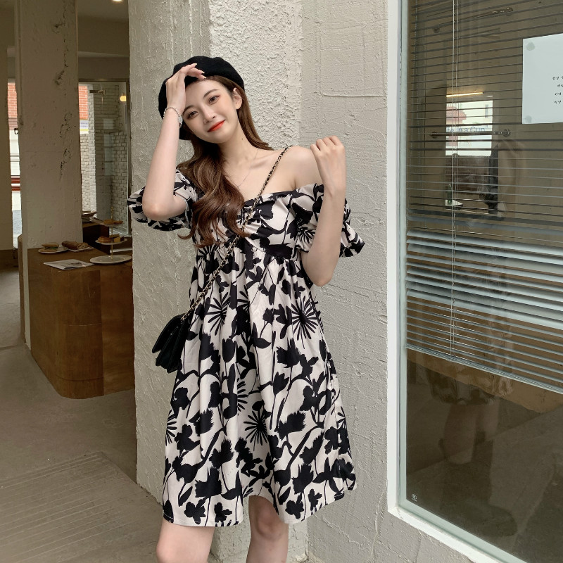 SUXI Đầm tay ngắn trễ vai hoạ tiết hoa phong cách retro