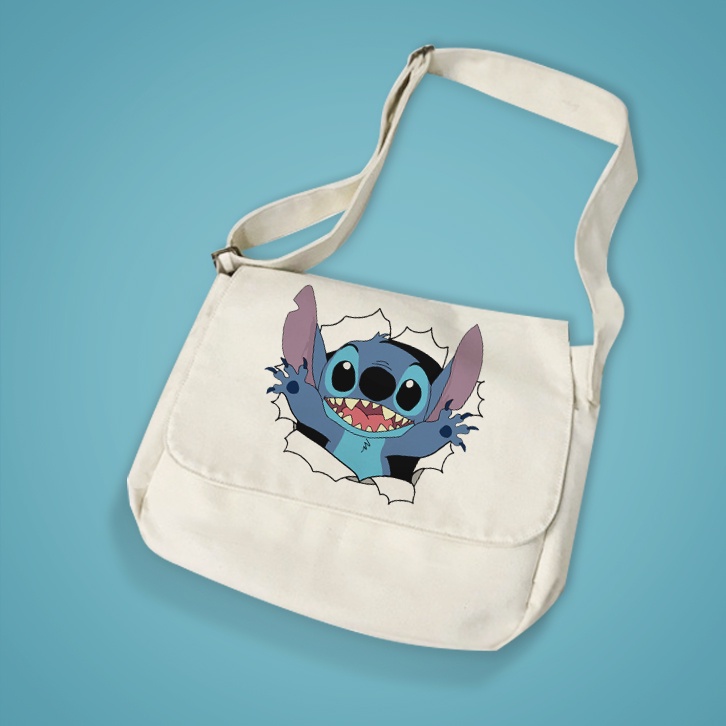 Túi vải đeo chéo đi học thêm in hình Stitch - Túi vải canvas phong cách hàn quốc Ulzzang