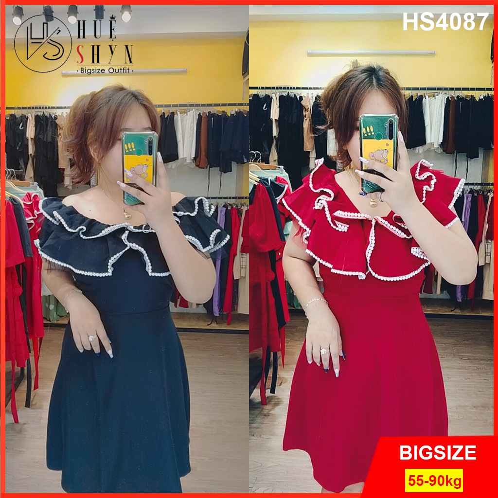 Đầm trễ vai bigsize nữ phối ren bèo HS4087 - Đầm thiết kế chuẩn form dáng ôm dự tiệc bigsize - Size 55-90kg - Màu Đen Đỏ
