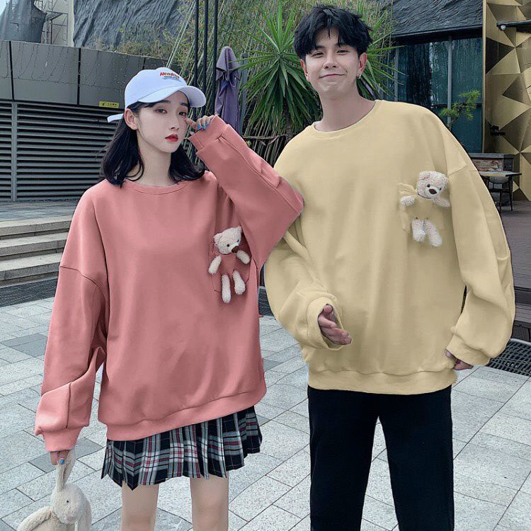 &lt;FREE SHIP&gt; ÁO NỈ SWEATER TAY DÀI DÀY DẶN Y MẪU PHỐI TÚI GẤU