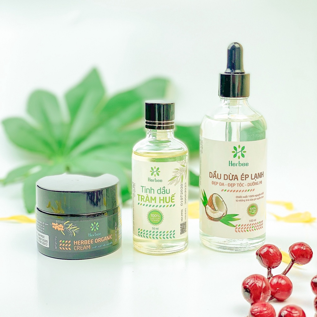 Dầu Dừa Nguyên Chất (100ml), Tinh Dầu Tràm (50ml), Kem Rạn Da (50g) Herbee, Combo 100% Thiên Nhiên và Hữu Cơ