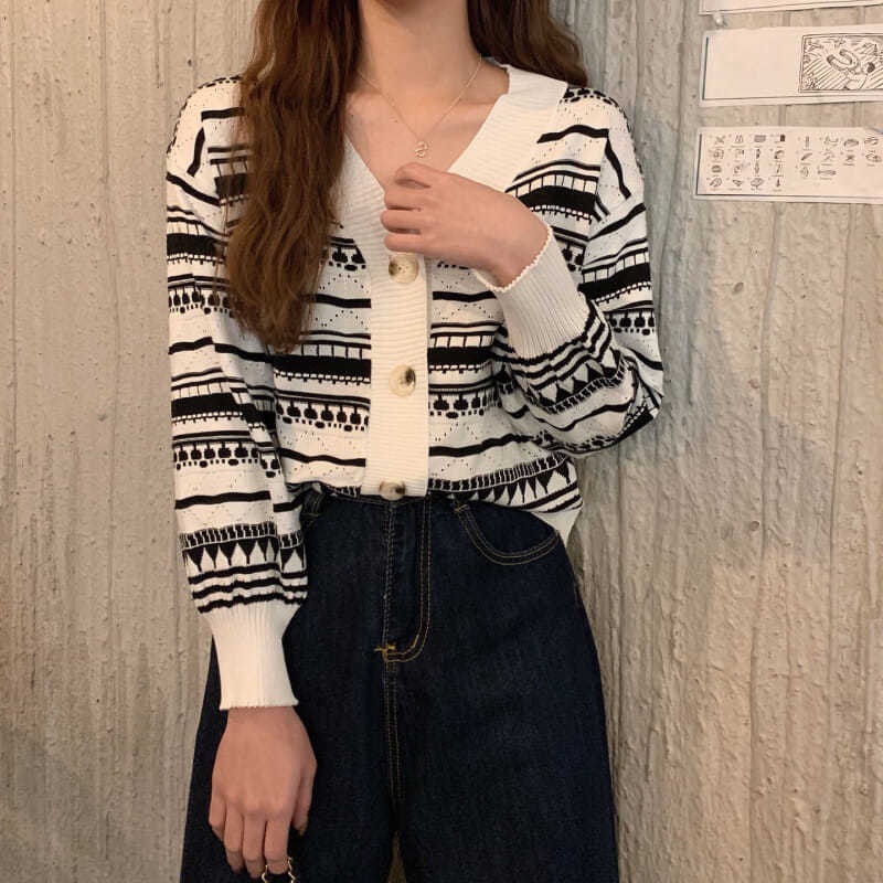 Áo cardigan Dệt Kim Mỏng Dáng Rộng Cổ Chữ V Kẻ Sọc Thời Trang Thu Đông Hàn Quốc Mới