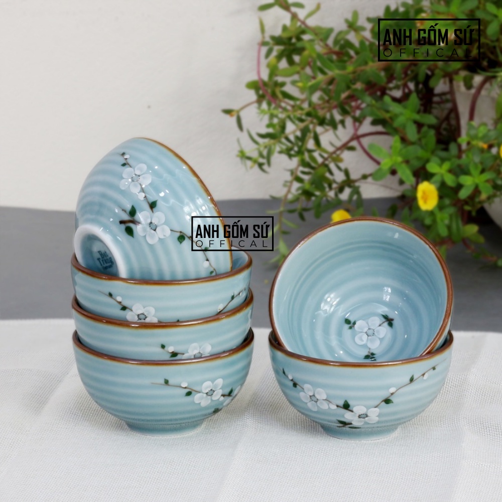 Bộ bát đĩa sứ Bát Tràng cao cấp, bộ chén dĩa men xanh lam họa tiết hoa đào trắng 20 chi tiết siêu đẹp
