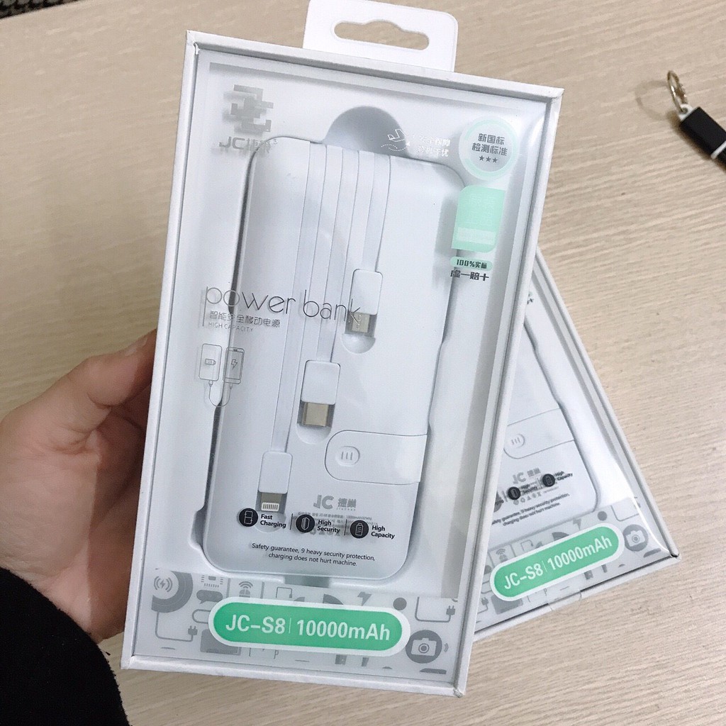 Sạc dự phòng 10000mah có led tích hợp 3 cổng sạc Lighting, Micro USB, TypeC &1 cổng USB JC-S8 Bảo hành 6 tháng