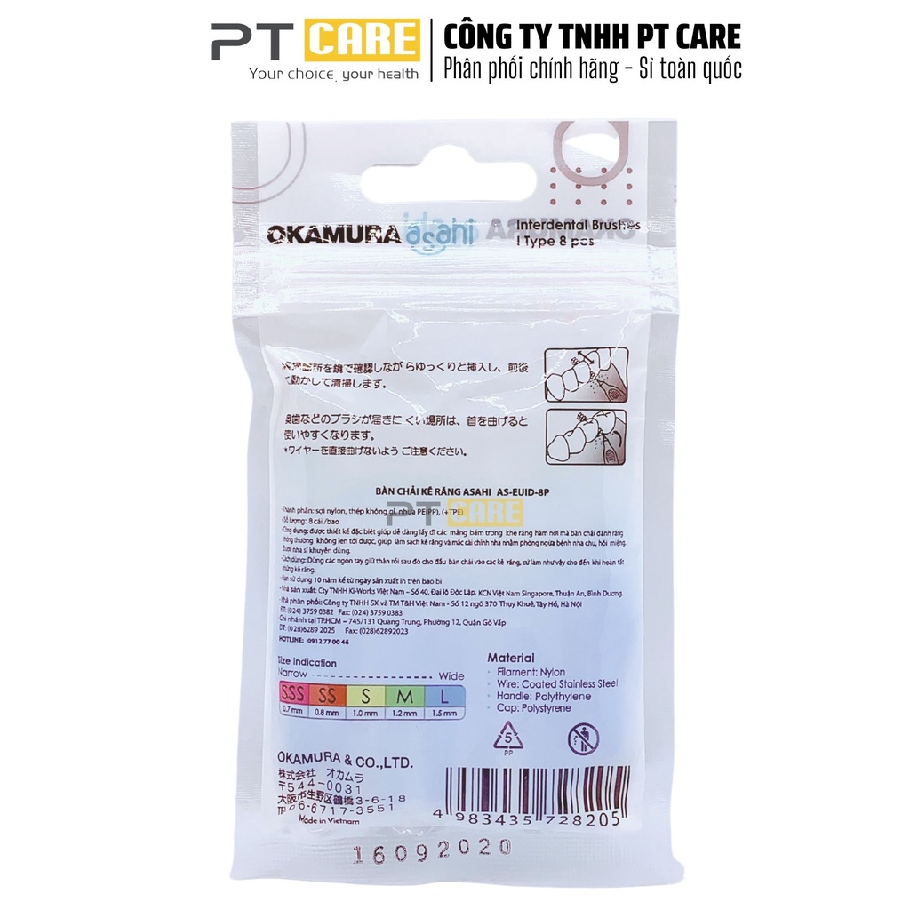 PT CARE | Bàn Chải Kẽ Răng Okamura Asahi Dạng Chữ I, Chất Lượng Nhật Bản (Bịch 8 Cái)