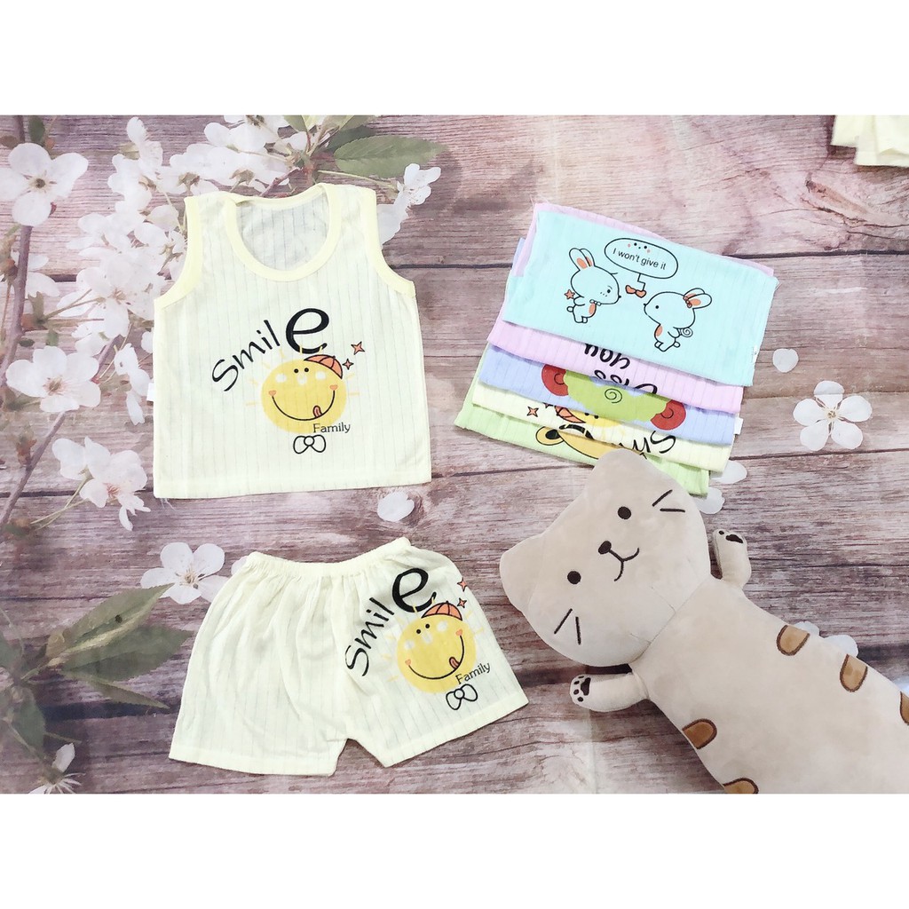 Sợi tre ba lỗ- 10 đồ bộ quần áo sát nách chất sợi tre màu cho bé sơ sinh-Chất mát mùa hè thấm hút mồ hôi-trọn bộ sơ sinh