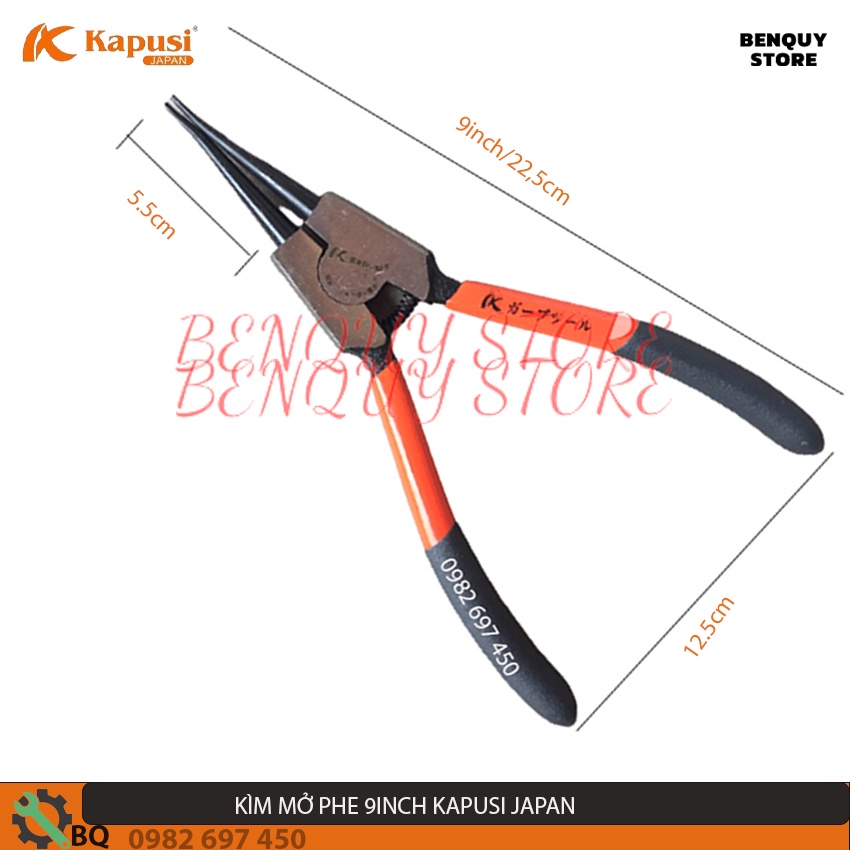 KÌM MỞ PHE TRONG MŨI THẲNG 9INCH/22.5CM KAPUSI JAPAN - KÌM BÓP PHE TIÊU CHUẨN NHẬT BẢN. THÉP CR-V CAO CẤP.