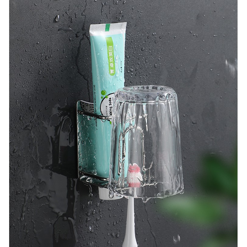 Kệ bàn chải đánh răng dán tường nhà tắm inox có khe để kem đánh răng và ly