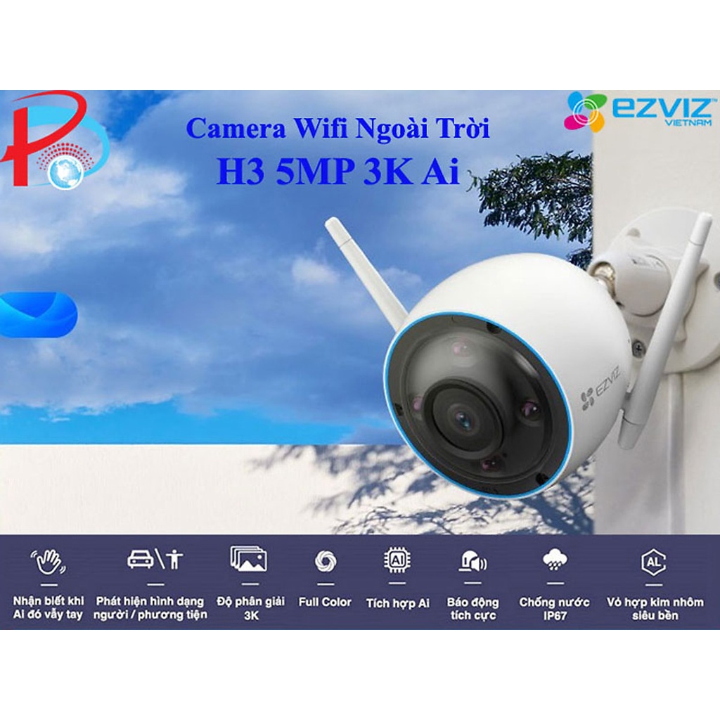 Camera Wifi EZVIZ H3 5MP 3K Siêu Nét, Nhận Diện Vẫy Tay Chào - Màu Ban Đêm - Đàm Thoaị 2 Chiều - hàng chính hãng