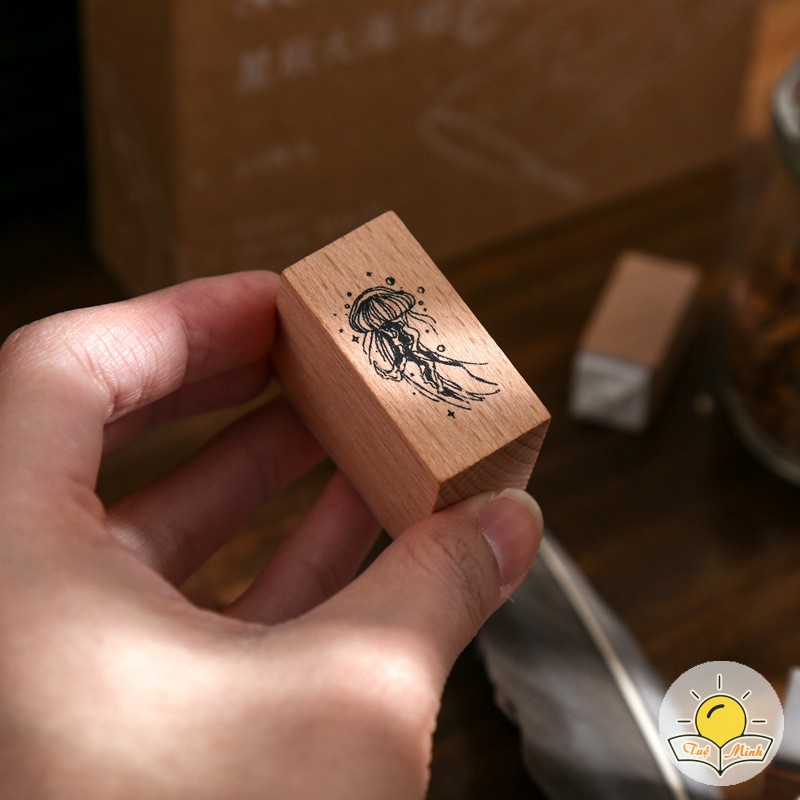 Set 24 con dấu gỗ hình bong bóng, đại dương, sao trời vintage đóng dầu trang trí D06