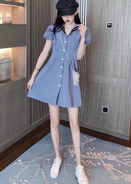 [Mã FATHANG5 giảm 10K đơn 50K] Đầm xanh đậm viền sọc đen (kèm hình thật) | BigBuy360 - bigbuy360.vn