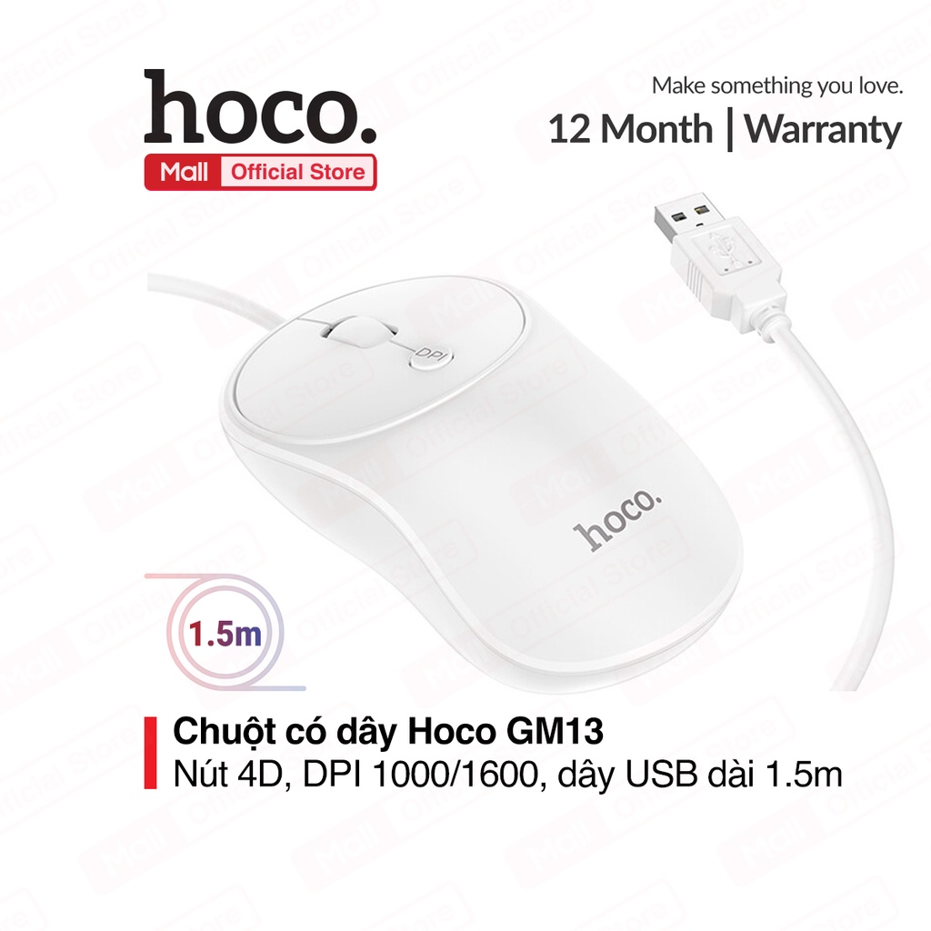 Chuột có dây Hoco GM13 DPI 1000/1600, thao tác dễ dàng nhờ thiết kế nút 4D, chất liệu ABS+PVC, dây USB kết nối, dài 1.5m