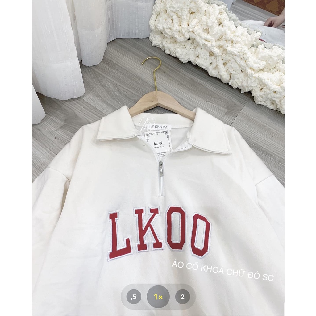 Áo nỉ polo sweater zip form rộng nam nữ cổ cao tay dài có khóa kéo hàn quốc màu trắng LKOO Unisex ulzzang