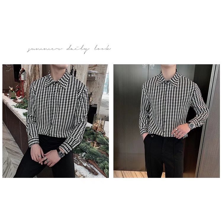Áo Sơ Mi Nam Dài Tay Họa Tiết Caro Trắng Đen Thời Trang