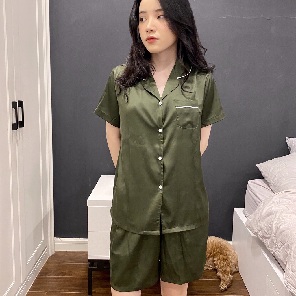 Bộ Pyjama lụa - Chất lụa Latin trơn Màu Xanh Rêu mềm mịn siêu mát Bộ cộc quần đùi