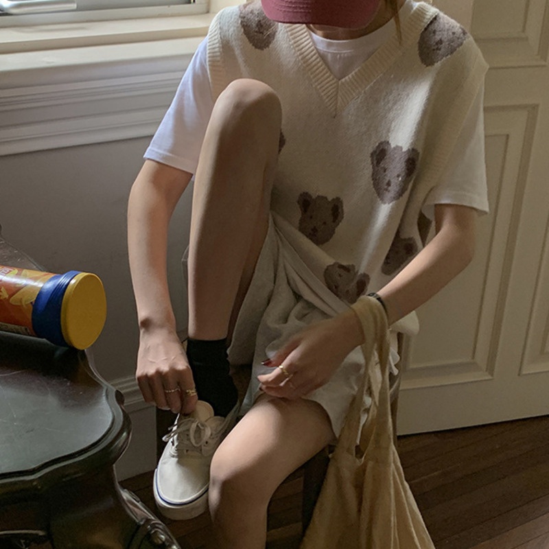 Áo len không tay cổ chữ v form rộng phong cách Hàn quốc