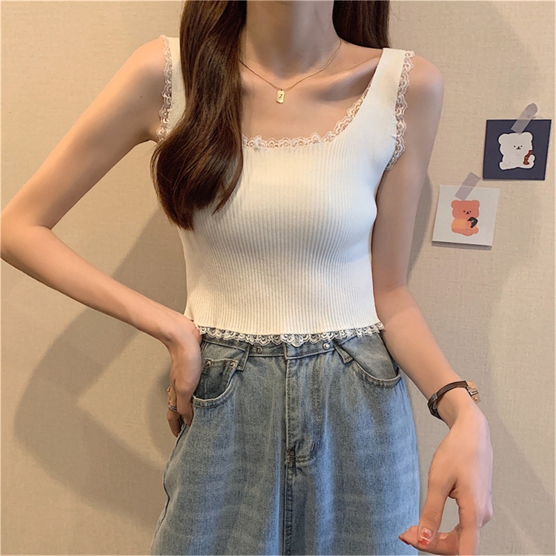 Áo Croptop Dệt Kim Cổ Vuông Không Tay Phối Ren Gợi Cảm Cho Nữ