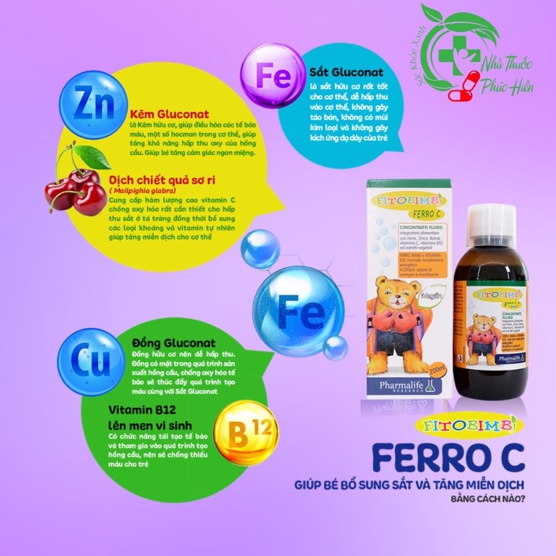 Fitobimbi Ferro C bổ sung sắt, kẽm, vitamin C cho bé giúp tăng đề kháng, phòng ngừa thiếu sắt cho trẻ hộp 200ml + quà