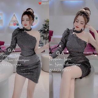 Đầm Body Dự Tiệc Nhũ Kim Tuyến lệch vai 1 tay dài phối vồng cổ HÀNG THIẾT KẾ