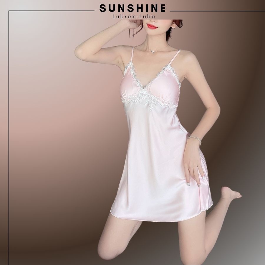 Váy Ngủ Lụa Sexy 2 Dây Satin Phối Ren Có Mút Ngực Quyến Rũ Gợi Cảm Màu Hồng - SUNSHINE LUBREXLUBO -VL165