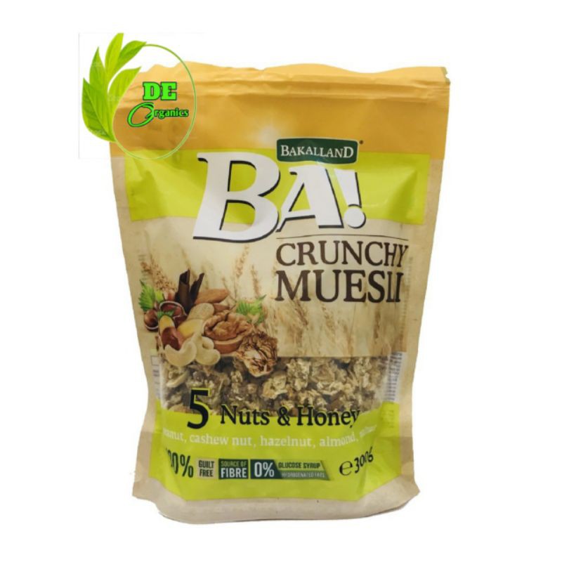 100% ORGANIC Ngũ cốc trái cây BAKALLAND Muesli giòn và hạt óc chó, hạnh nhân, hạt phỉ, mật ong và đậu phộng