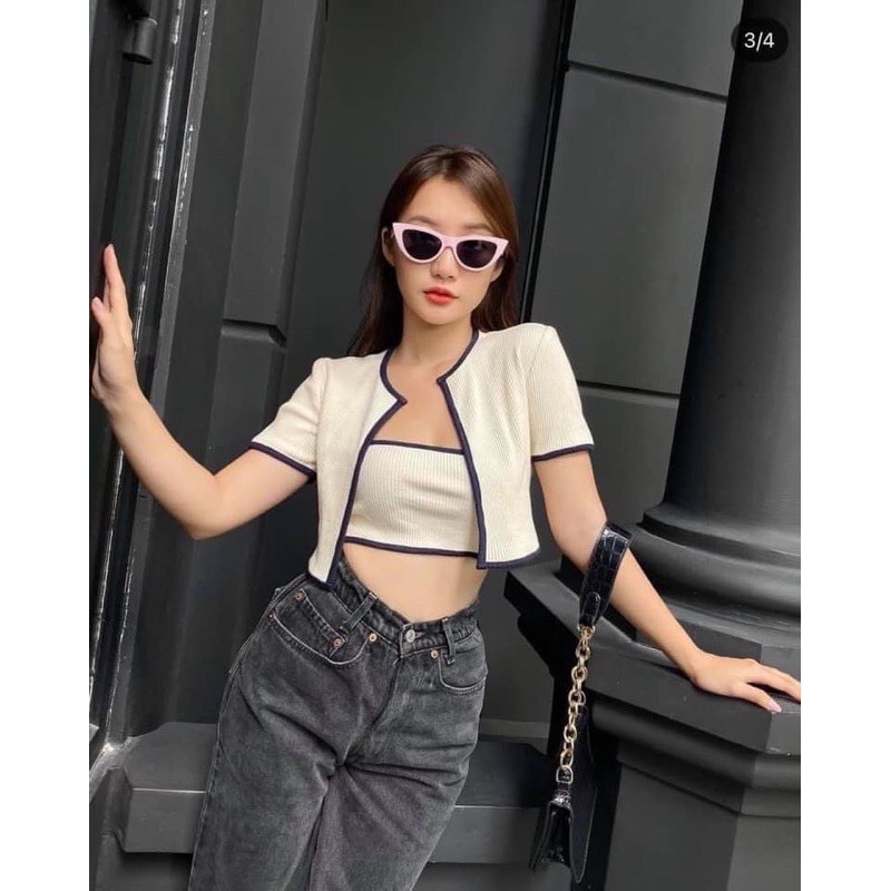 Set bộ nữ croptop áo gân viền+ áo ống lót (set 2 món)