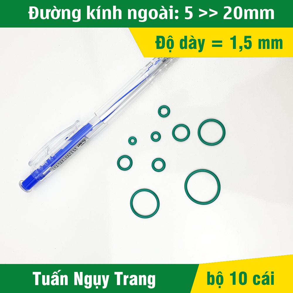 Oring xanh FKM [Dày = 1,5mm] * [5,6,7,8,9,10,11,12,13,14,15,16,17,18,19,20mm] - Gioăng sim cao su xanh chịu áp