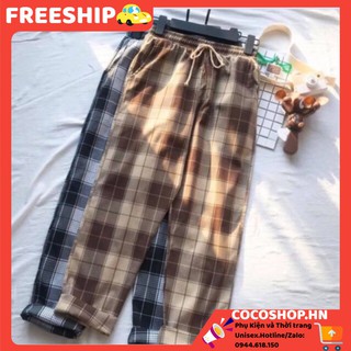 Quần baggy kẻ caro cực hot với hai màu nâu và đen vải thô,quần kẻ ống suông xắn gấu