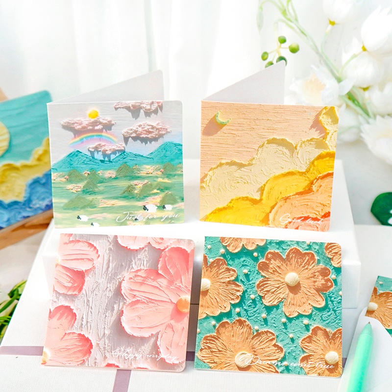 Thiệp Giấy Kraft Vẽ Tranh Sơn Dầu Kèm Phong Bì Thư Rỗng DIY Trang Trí Lễ Hội