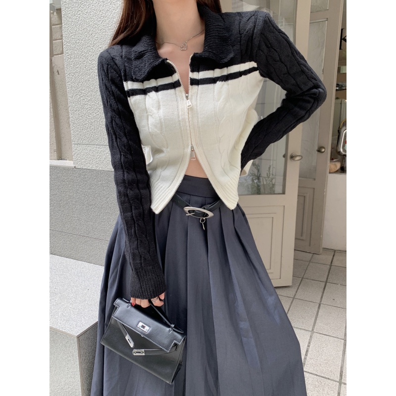 Áo cardigan Dệt Kim Cổ polo Dáng Ngắn Có Khóa Kéo Phong Cách Hàn Quốc Cho Nữ