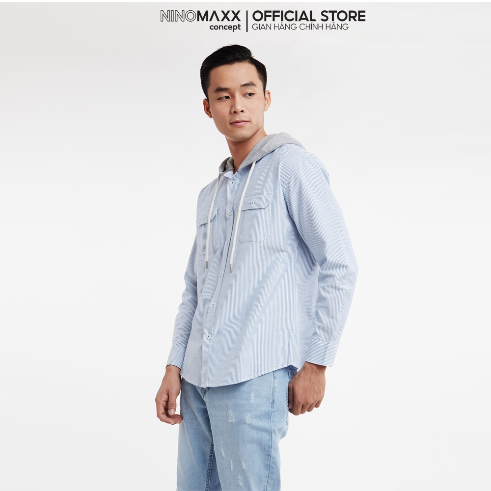 NINOMAXX Áo sơ mi nam phối nón màu sọc xanh 1912057