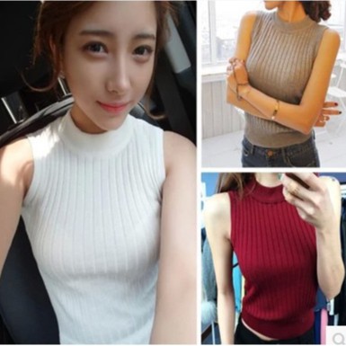 Áo dệt kim SUXI không tay dáng ngắn thiết kế đơn giản trẻ trung