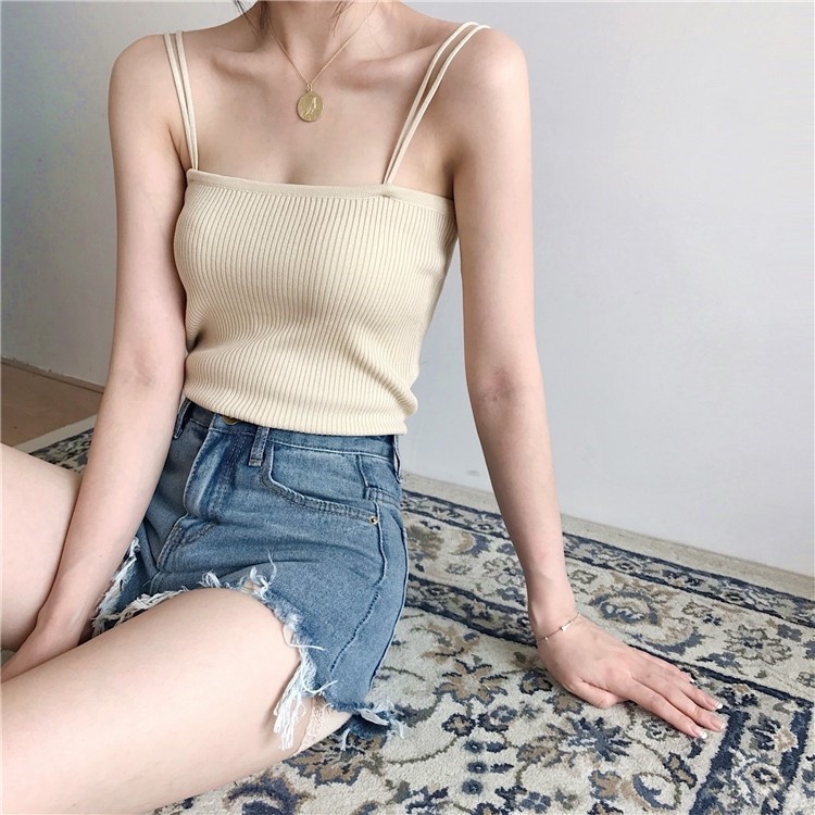 Áo dây len gân co giãn áo 4 dây cao cấp dễ dàng phối đồ màu trắng đen be thời trang