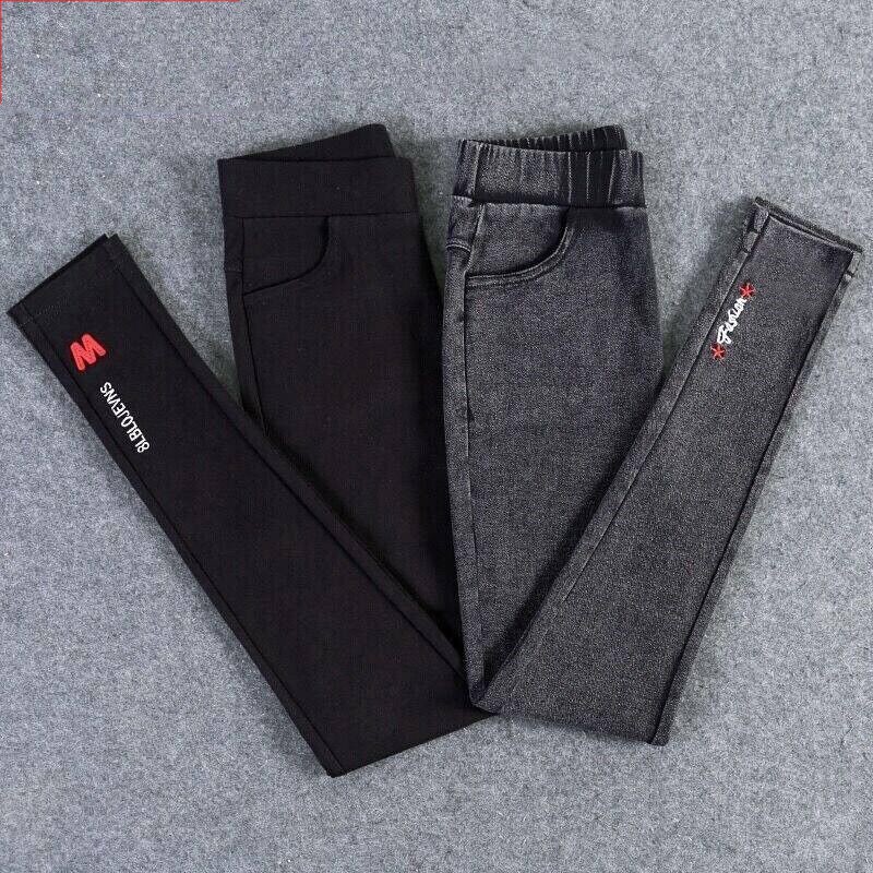 Women Elastic Legging Jeans Pocket Snowflake Black Skinny Pants