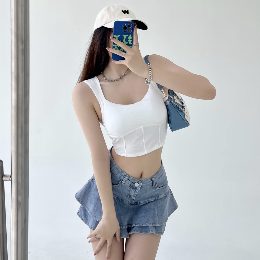Áo Ba Lỗ Cổ Vuông Khoét Sâu Gợi Cảm Phong Cách Vintage 08318