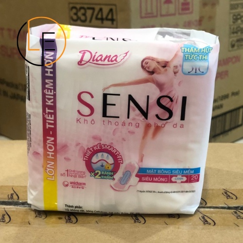 [Gói Lớn] Băng Vệ Sinh Diana Sensi Trắng Siêu Mỏng Cánh 23cm Mặt Bông - 20 Miếng