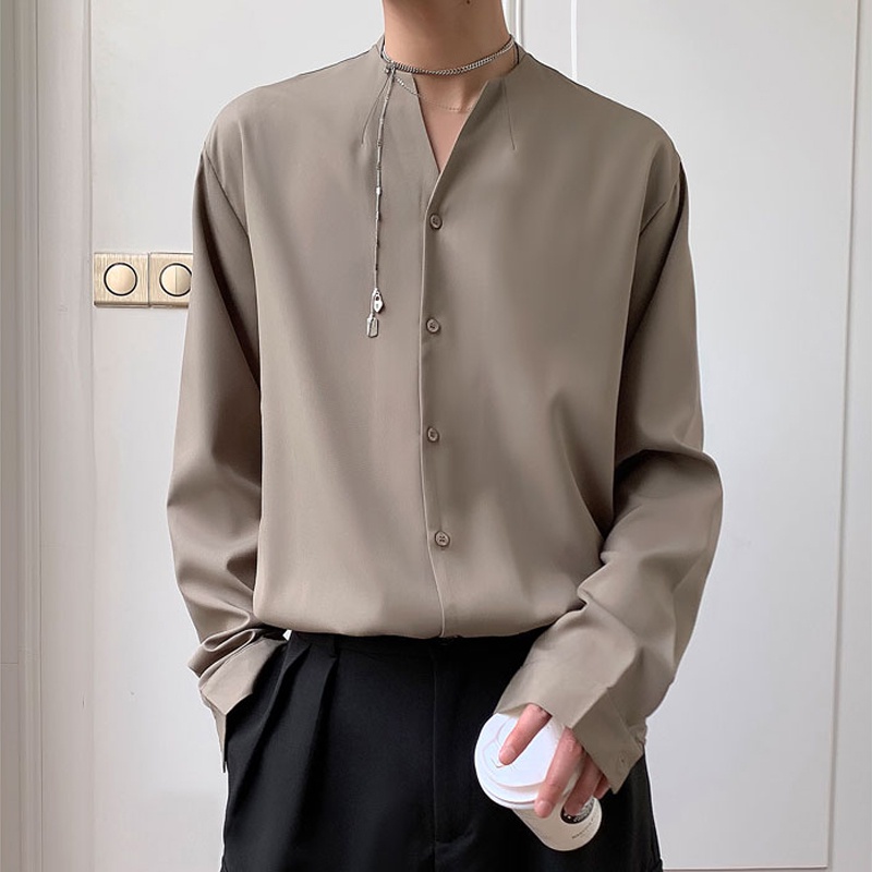 Áo Sơ Mi Lụa Dài Tay Màu Trắng Đen Phong Cách Hàn Quốc Cho Nam