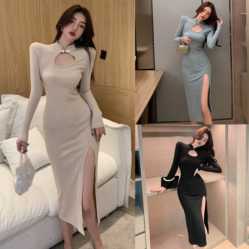Đầm Dài Ôm Dáng Màu Sắc Trơn Xẻ Tà Quyến Rũ Dành Cho Nữ