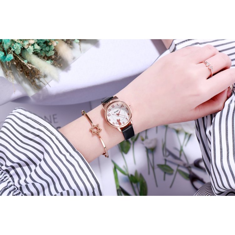 Đồng hồ thời trang nữ mặt mèo dây da tổng hợp yuhao PKHRYU010-1