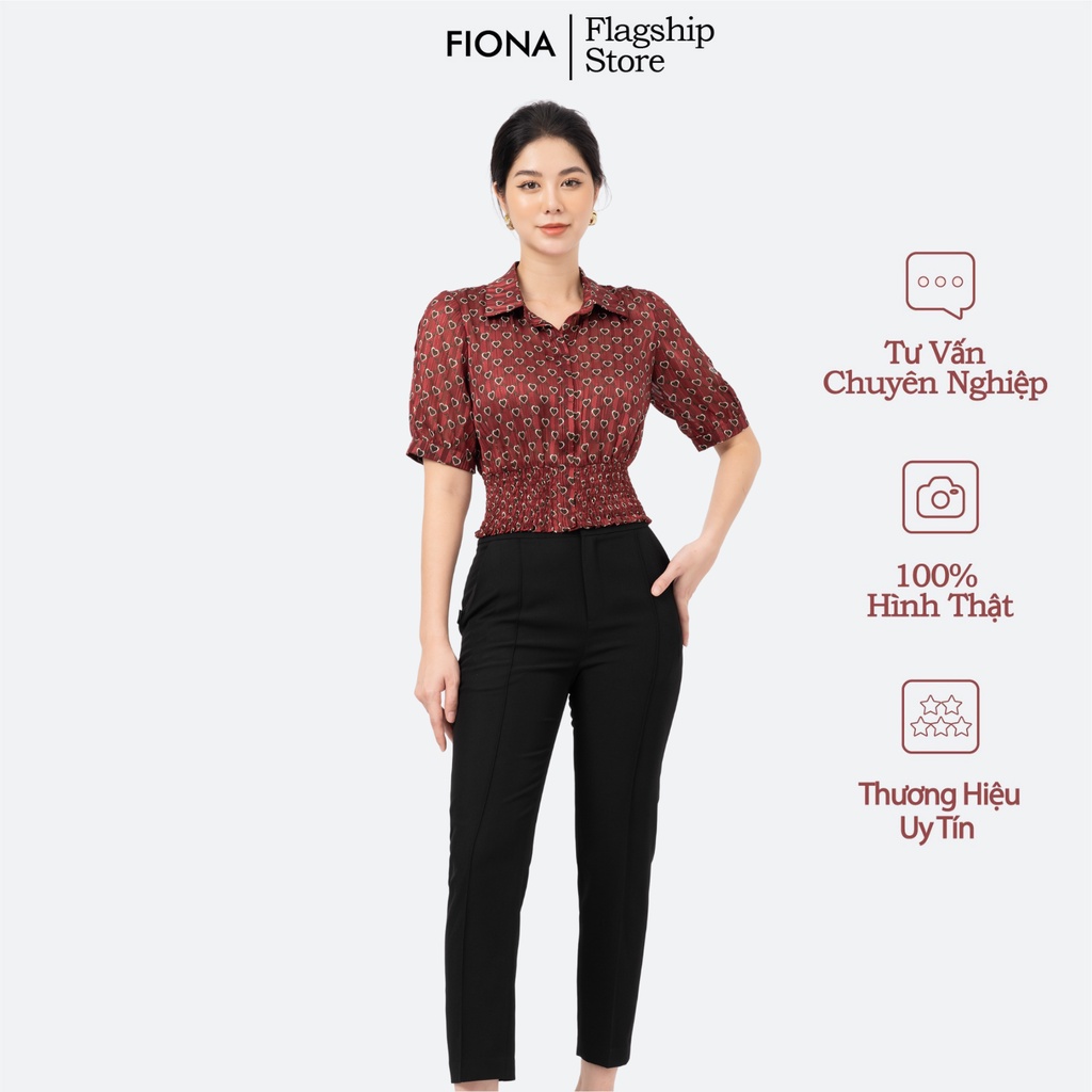 Áo Sơ mi nữ bo chun gấu họa tiết im cổ đưc nẹp giấu khuy FIONA F551265