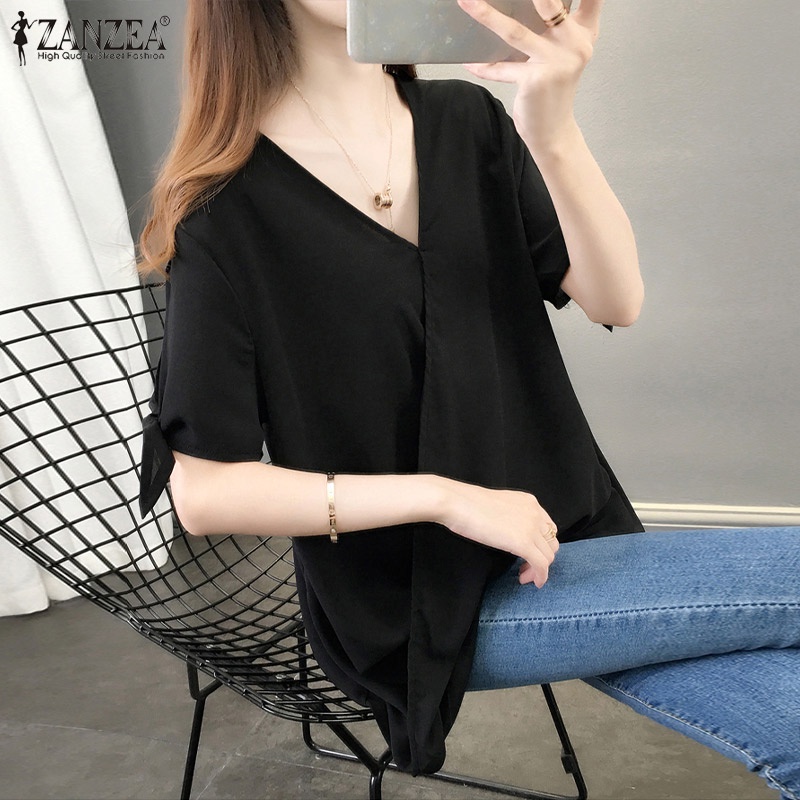 Áo sơ mi Zanzea tay ngắn cổ chữ v thời trang phong cách Hàn Quốc cho nữ