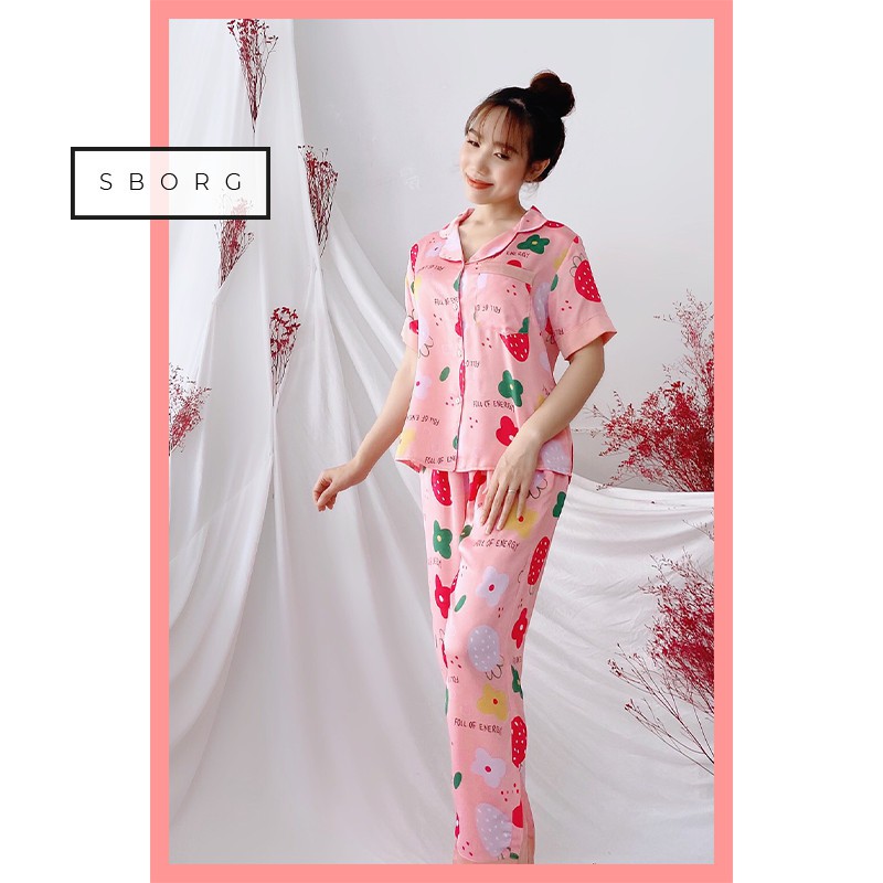 Đồ bộ pijama đẹp SBORG bộ lụa satin cao cấp tay ngắn quần dài chất liệu mềm mịn mát dịu hoạ tiết dễ thương