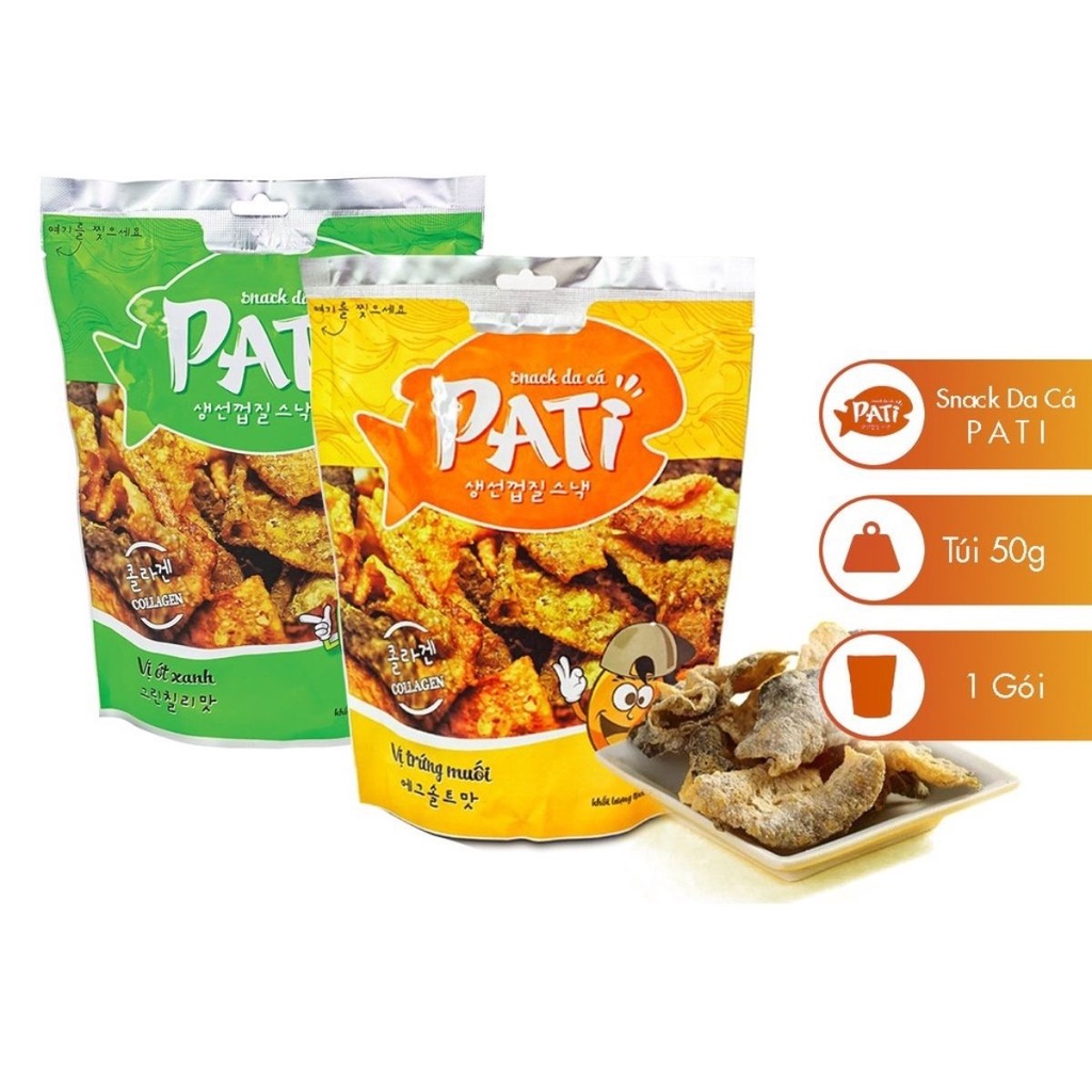 Snack Da Cá Tẩm Vị Sấy Khô Cao Cấp Ớt Xanh Trứng Múi 50g Thương Hiệu Pati Đạt Chuẩn An Toàn Thực Phẩm Kotic_shop
