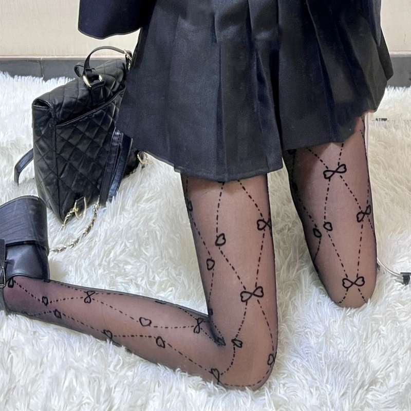 Xiangbao Quần Tất Mỏng Xuyên Thấu Kẻ Sọc Đính Nơ Trái Tim Phong Cách Harajuku Preppy Ngọt Ngào Cho Nữ